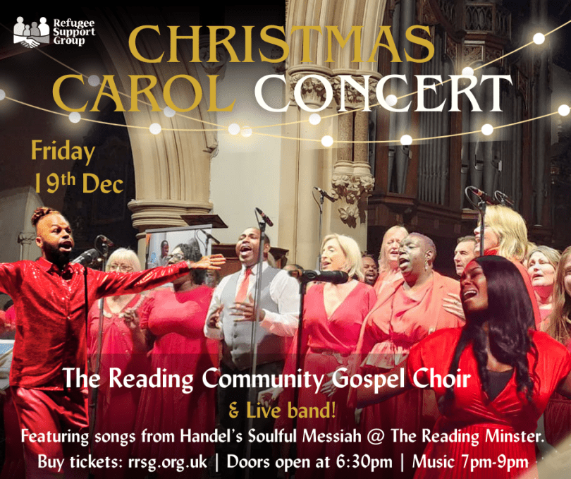 Poster featuring members of Reading Community Gospel Choir performing in a church