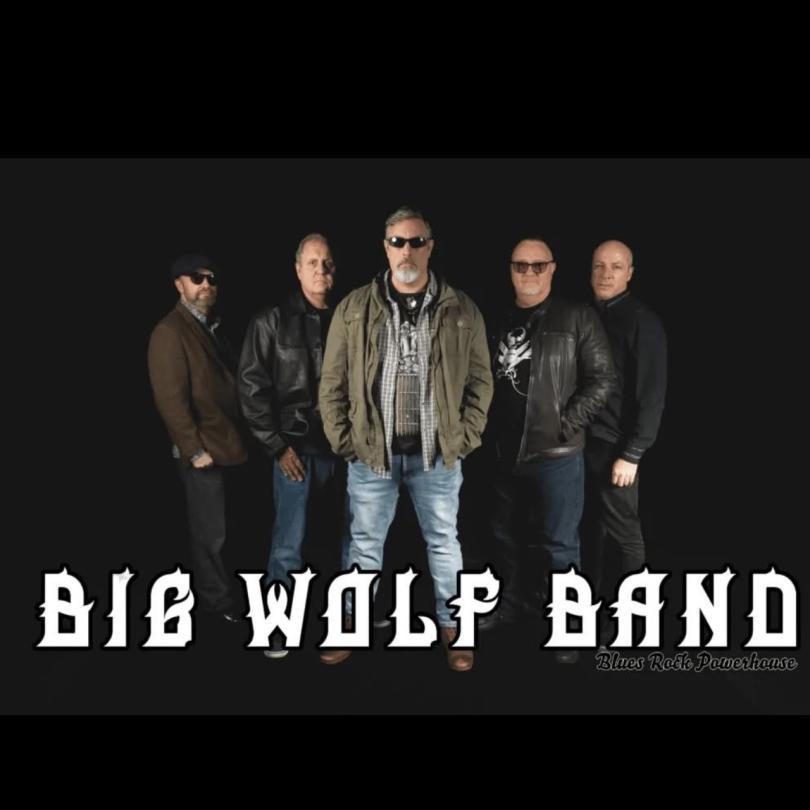 The five members of Big Wolf Band with the logo over the top