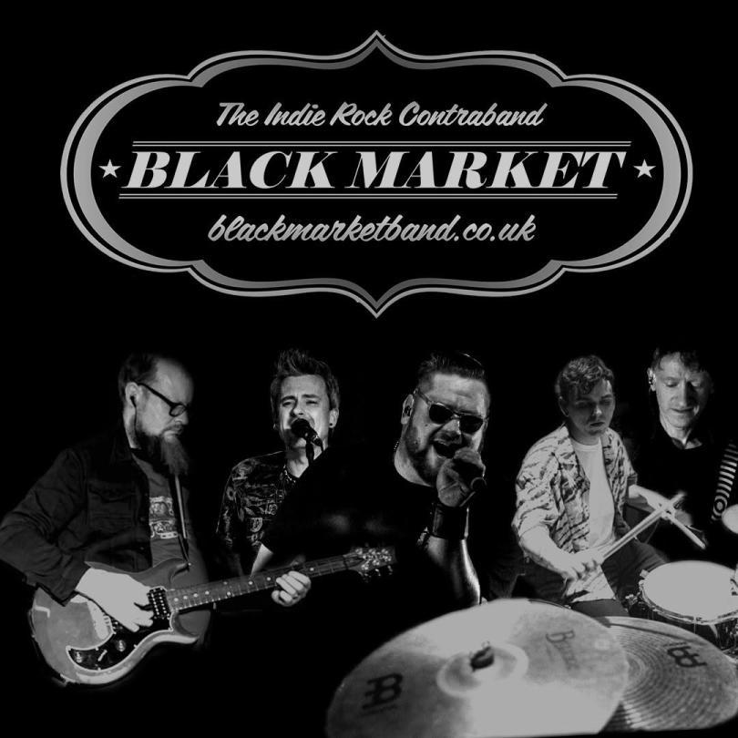 Black and white poster with images of the band members each playing their instruments