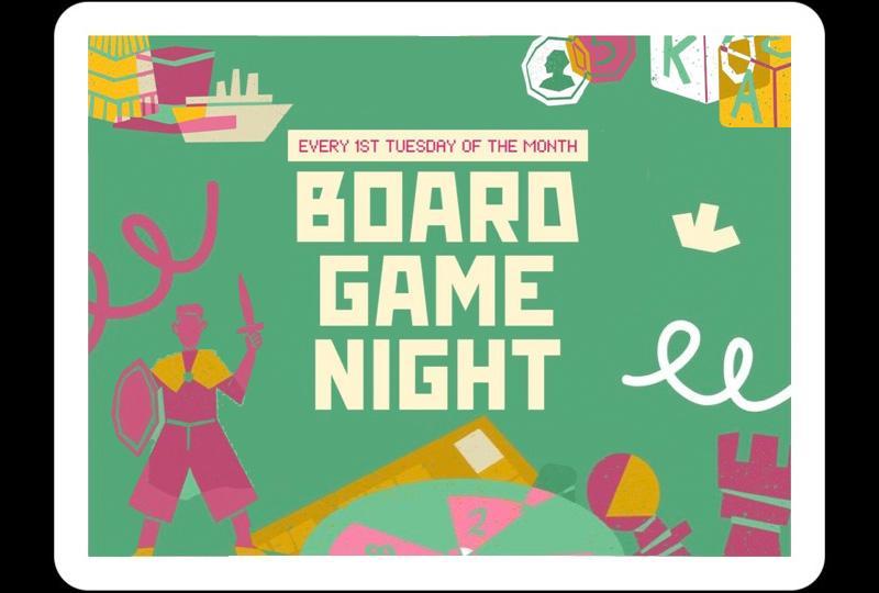 Poster with grasphic imagery of board game pieces, dice and the like