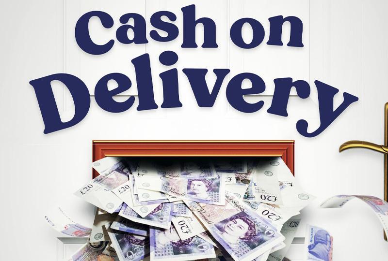 Poster with the title over an image of lots of £20 notes coming through a letterbox