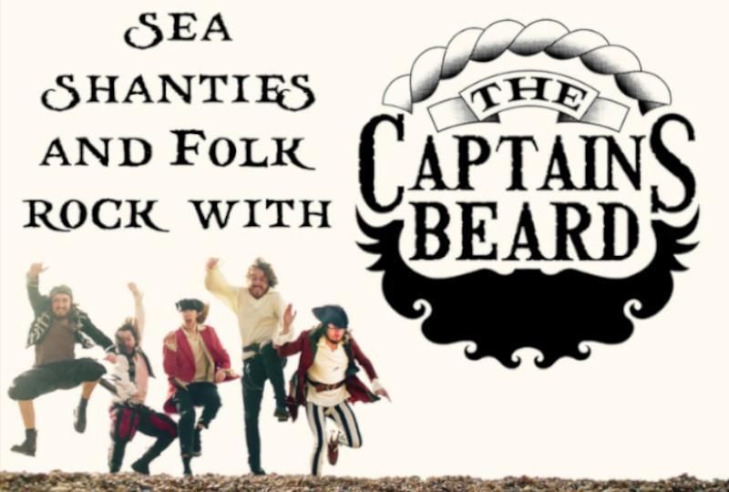 The Captain's Beard band dressed as pirates next to a logo