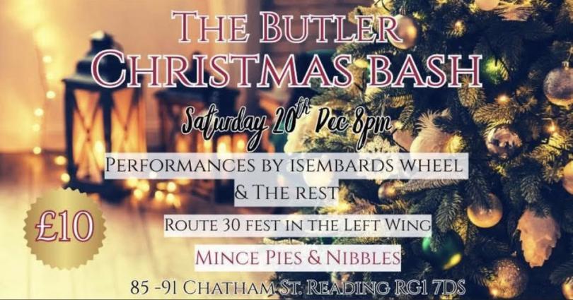 Poster for The Butler Christmas Bash with details of the event over a photo of a Christmas tree and lantern
