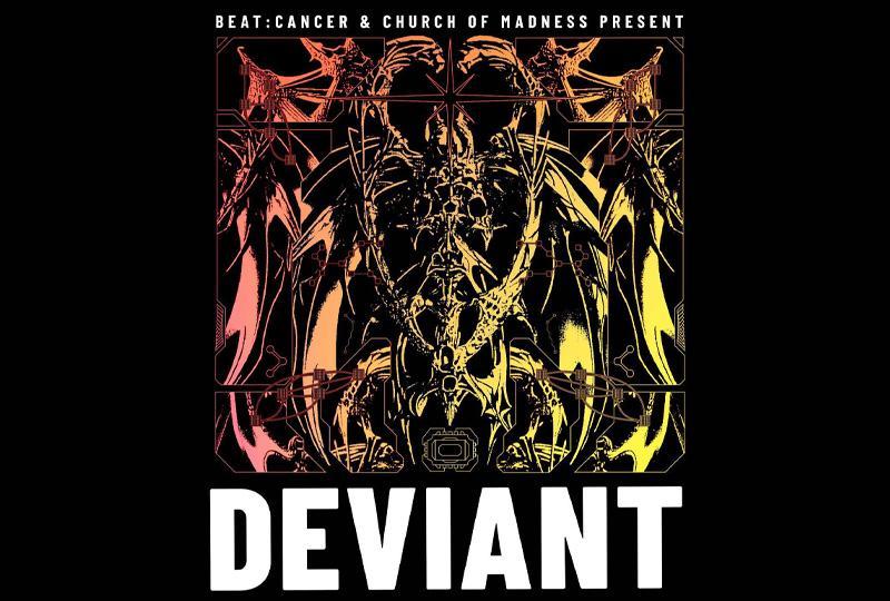Poster with the logo for Deviant, a Lovecraftian image of monstrous bones