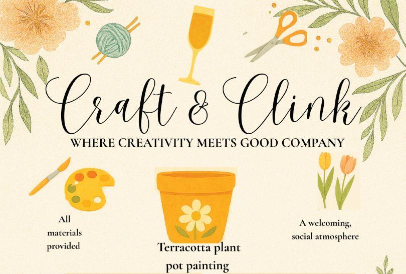 Poster for Craft & Clink with artistic images of flowers and plant pots