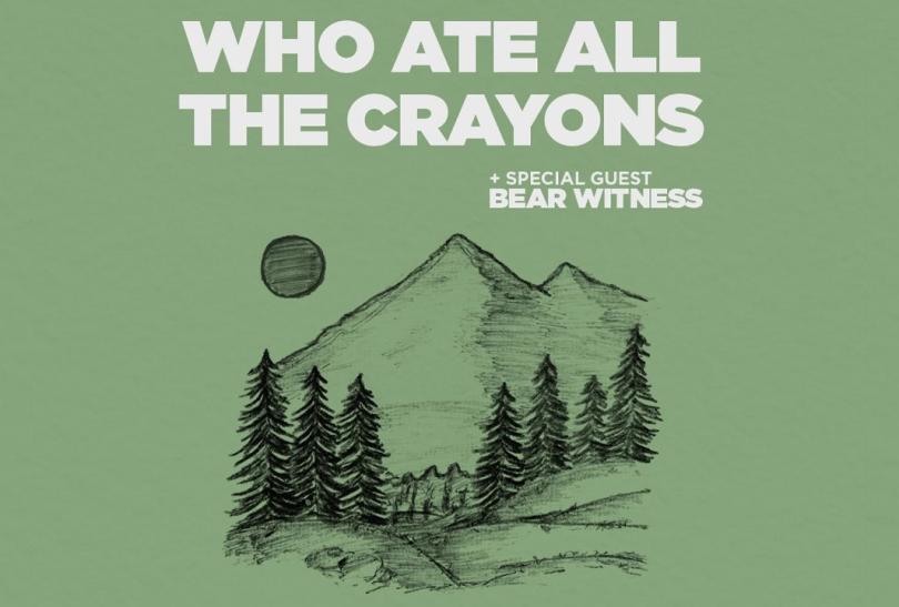 event poster with drawn arwork of evergreen trees and a mountain behind them