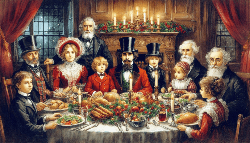 A Victorian family seated at the Christmas table