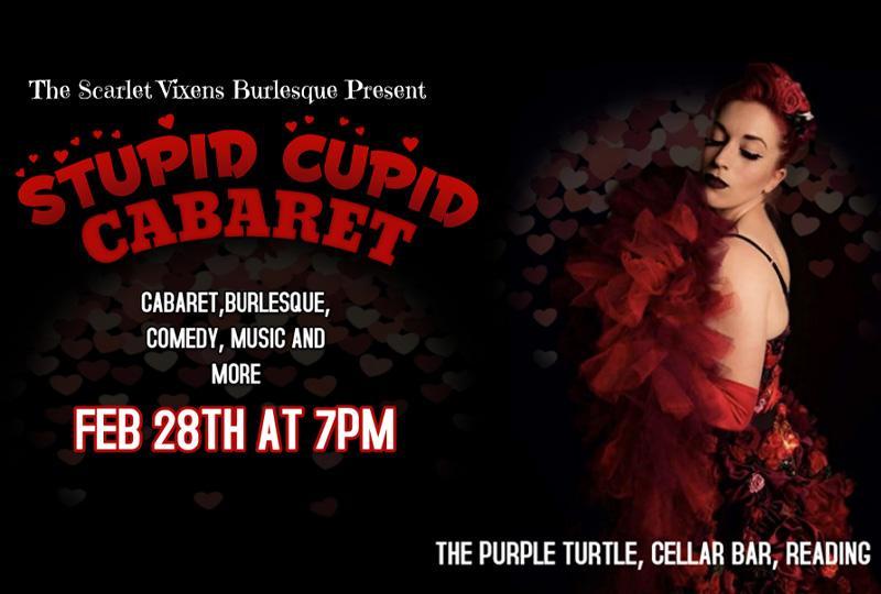 Poster for The Scarlet Vixens Present... Stupid Cupid with a burlesque performer looking over her shoulder surrounded by heart-shaped graphics
