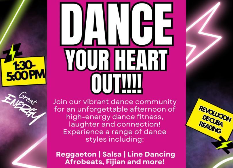 Poster for Dance Your Heart Out event with neon-style lightning bolts in the background and info about the event