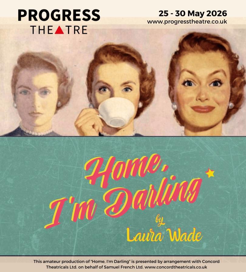 Poster for Home, I'm Darling with vintage 50's style painted images of a woman drinking from a big tea-cup