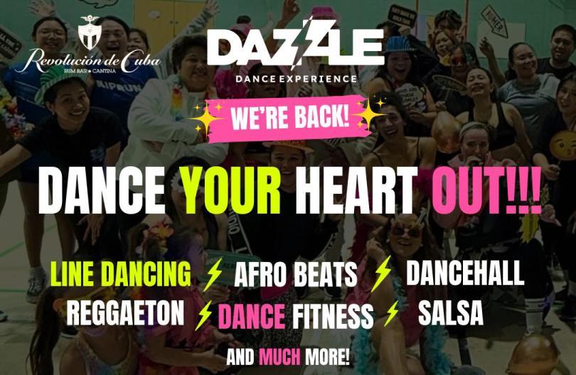 Poster for Dance Your Heart Out with Dazzle Dance Experience with a list of dance styles over an image of people dancing