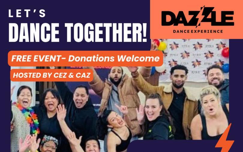 Even poster with a group of dance workshop attendees smiling at the camera and details of the event