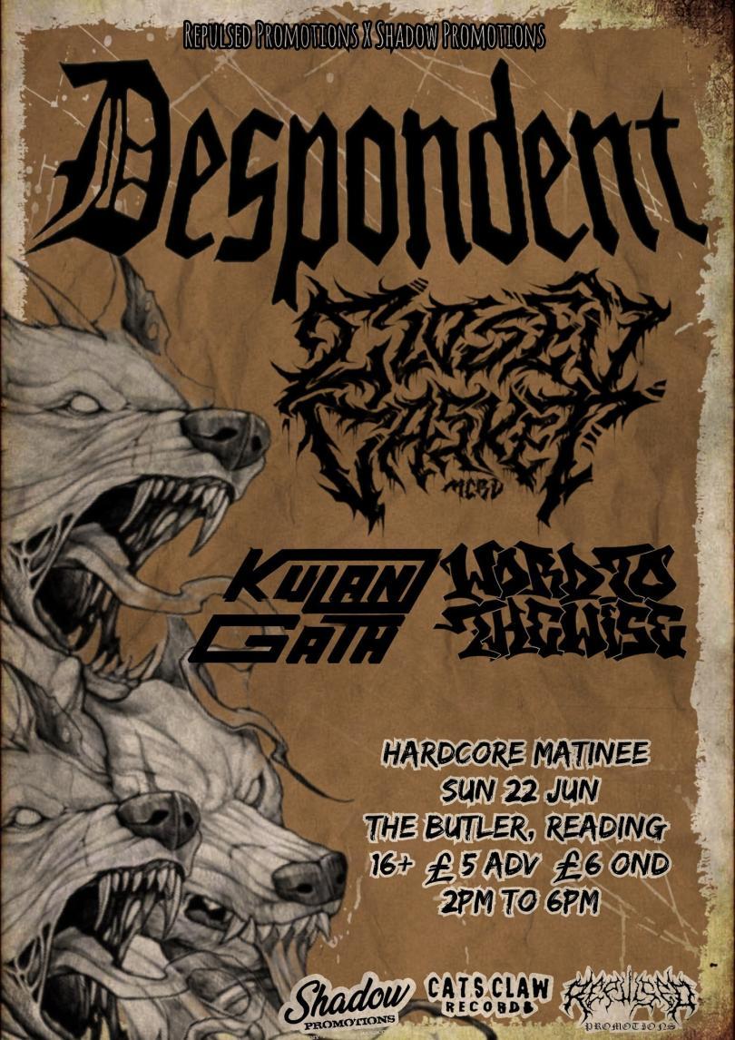 Poster featuring two wolves' heads against a khaki background, with a list of the bands' names