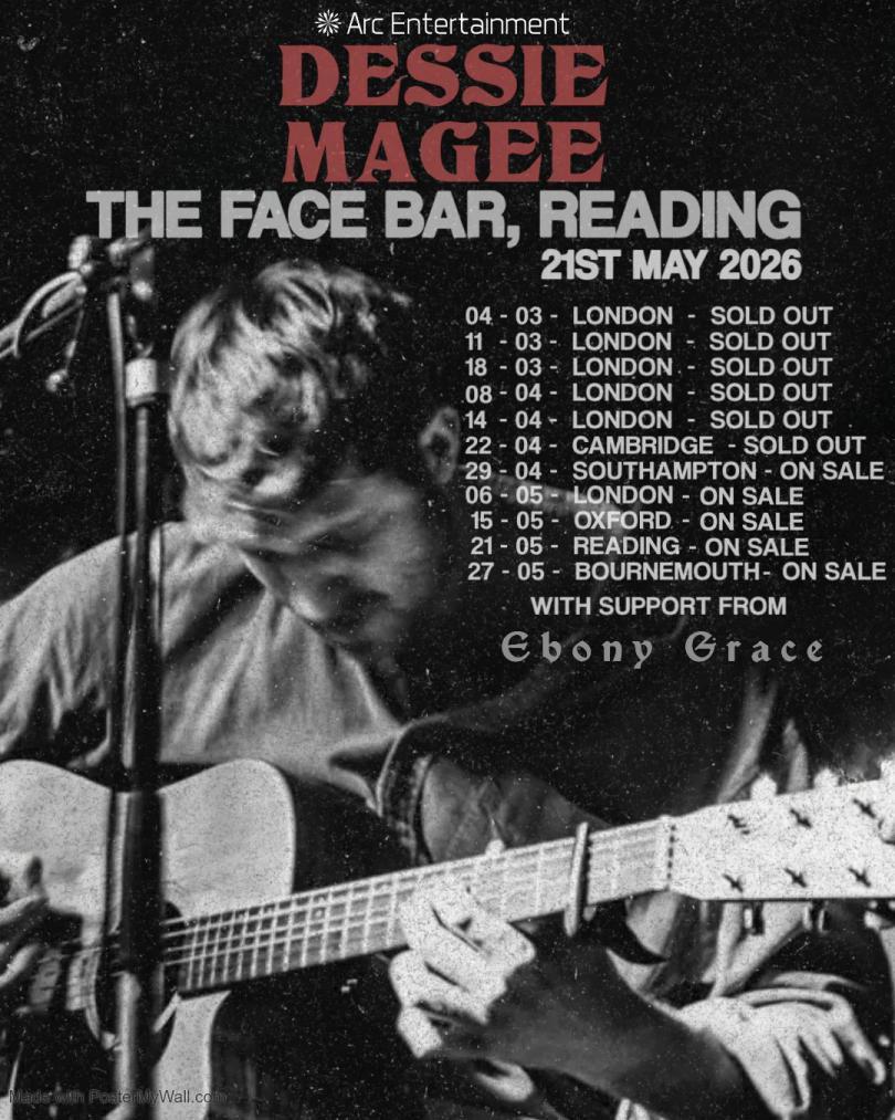 Poster with black and white photo of singer Dessie Magee holding a guitar