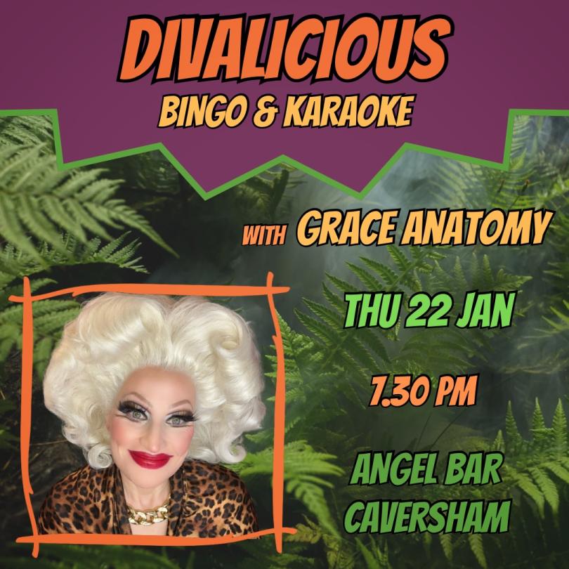 Poster for Divalicious Bingo & Karaoke with photo of drag queen Grace Anatomy