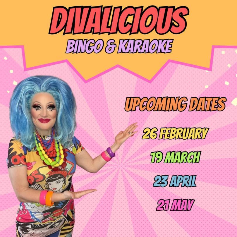 Poster for Divalicious Bingo & Karaoke with photo of drag queen Grace Anatomy