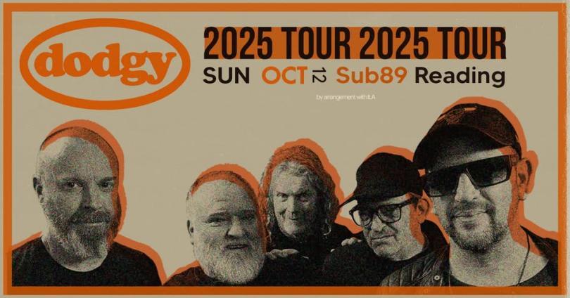 Five middle-aged men in monochrome under the Dodgy band logo