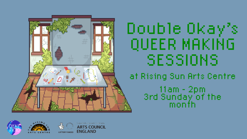 a blue background with a pixel drawing of the Rising Sun, set up for the Making Sessions with art supplies on a white table. There are cracks in the walls with vines and greenery growing through, like an overgrown apocalyptic world. 