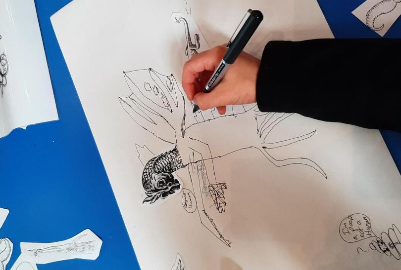 child's hand drawing a dragon