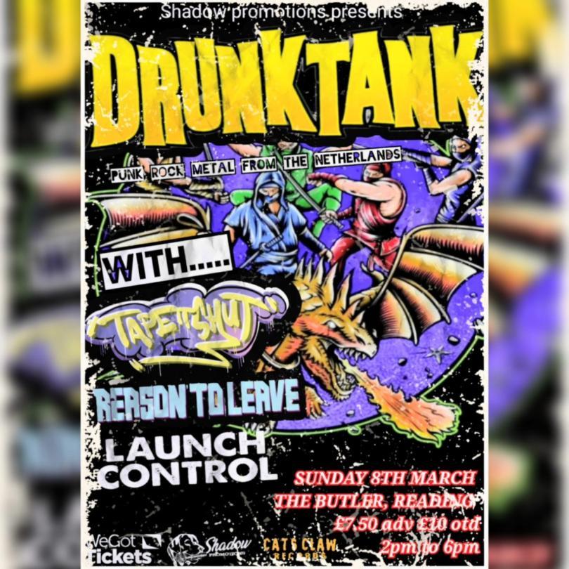 Poster for Shadow Promotions DIY presents: Drunk Tank with comic book style art of ninjas fighting a dragon