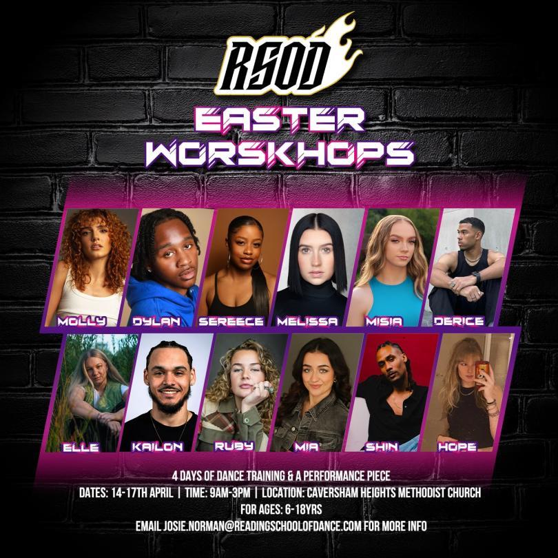 Poster for Easter Dance Workshops with headshots of the various instructors