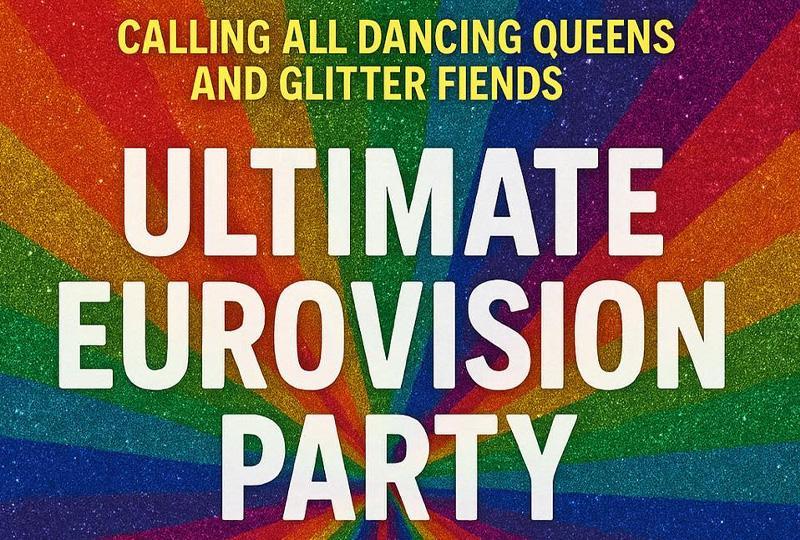 Ultimate Eurovision Party on a rainbow background
