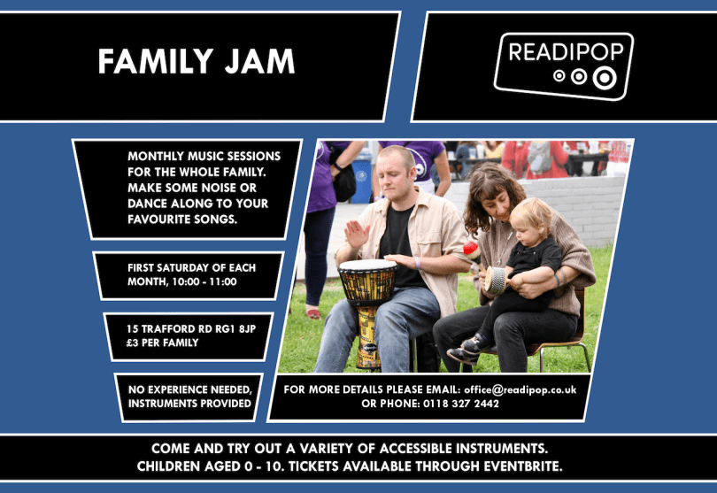 Image of family playing drums together with text as seen below