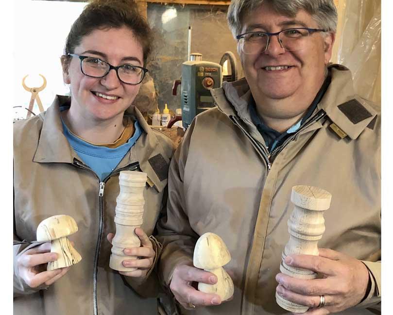 Father and daughter who enjoyed their 2 hour session together making a wooden toadstool each.