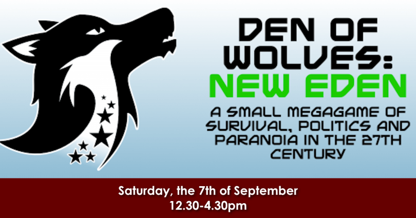 banner advertising the den of wolf megagame