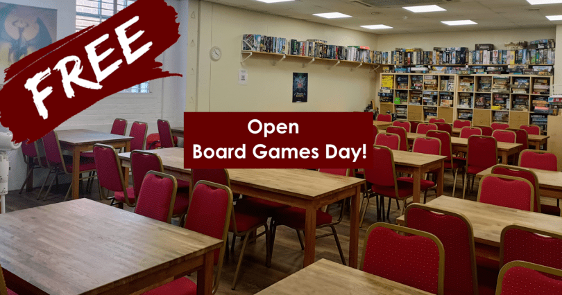 a banner showing a board games room with text talking about the open board games day
