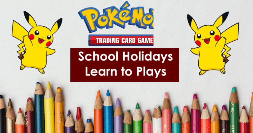 background image with pencils and the pokemon logo and text saying School Holidays Learn to Plays