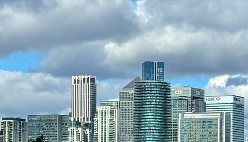 skyline of London's financial district at Canary Wharf