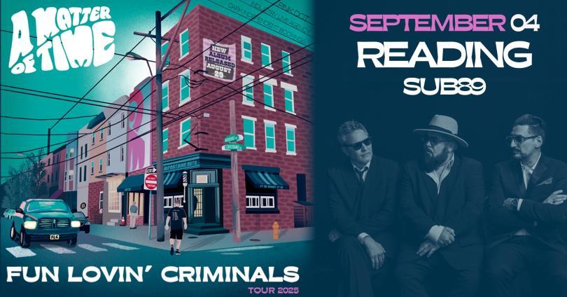 Poster featuring the three members of Fun Lovin' Criminals next to a graphic image of a New York City block
