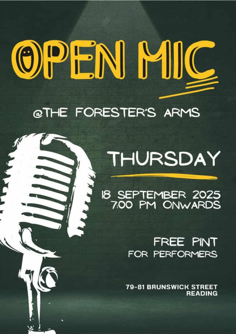 Poster for Forester's Arms Open Mic with a graphic of a microphone against a green background