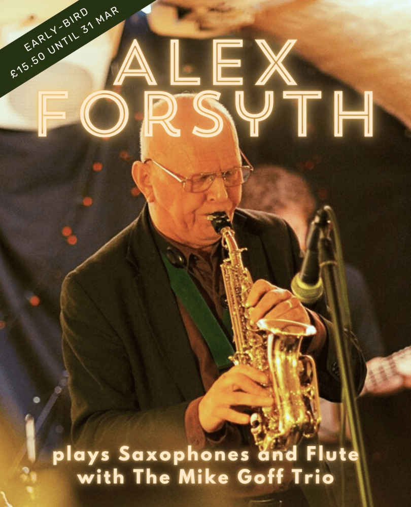 Alex Forsyth, a bald-headed man playing a saxophone