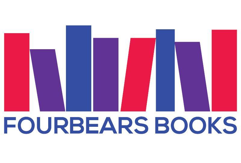 Fourbears Books Logo which is different coloured (Red, Blue and Purple) rectangular blocks (similar to books) leaning against each other with the 'Fourbears Books' text in Blue below the picture..