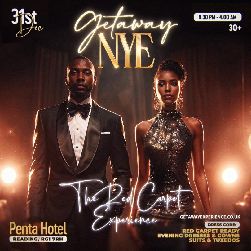A black man and woman dressed very glamorously under the banner "Getaway NYE"