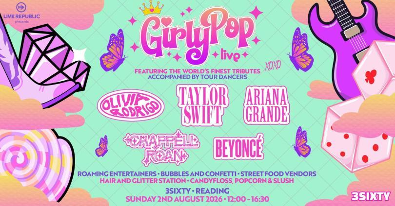 Event poster with logos for GirlyPop Live and the artists being tributed, surrounded by artwork of guitars, dice, butterflies and more in pastel pink and turquoise