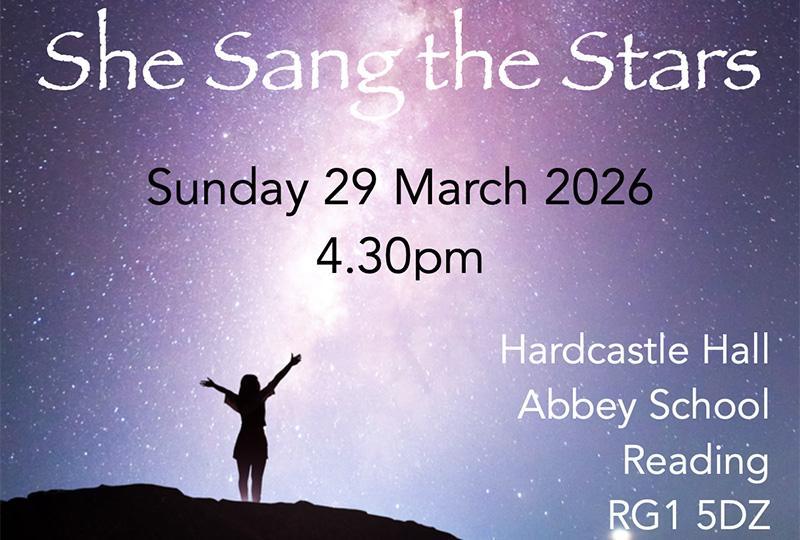 Poster with a photo of a silhouetted female figure standing atop a hill against a bright starry sky