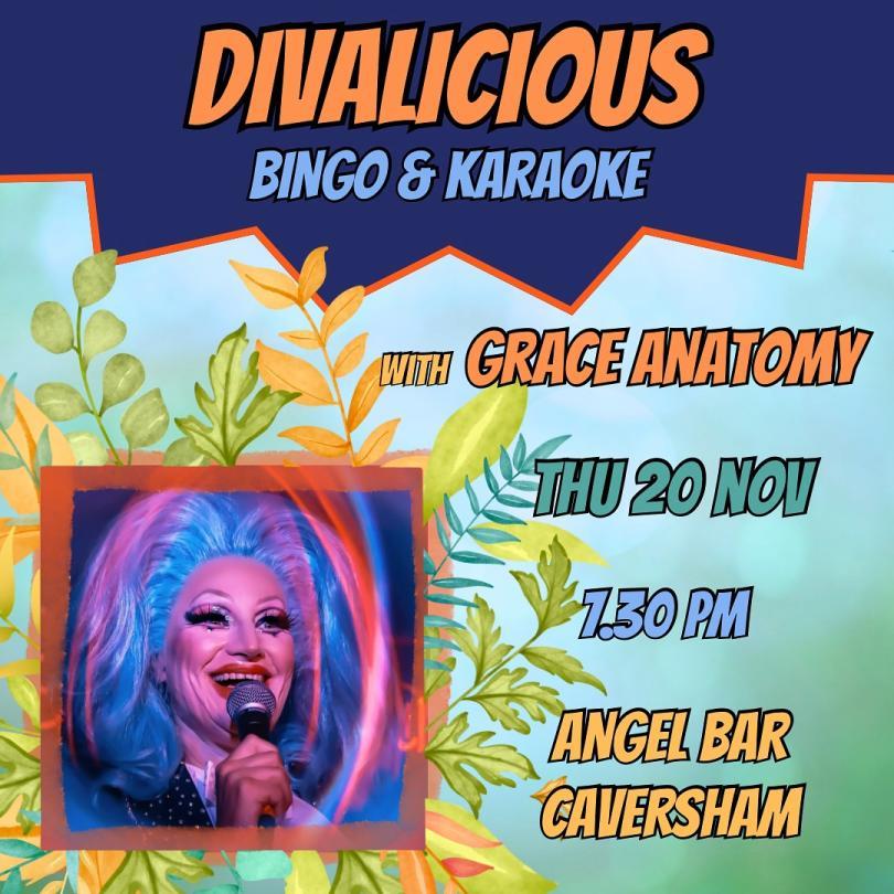 Poster for Divalicious Bingo & Karaoke with photo of drag queen Grace Anatomy
