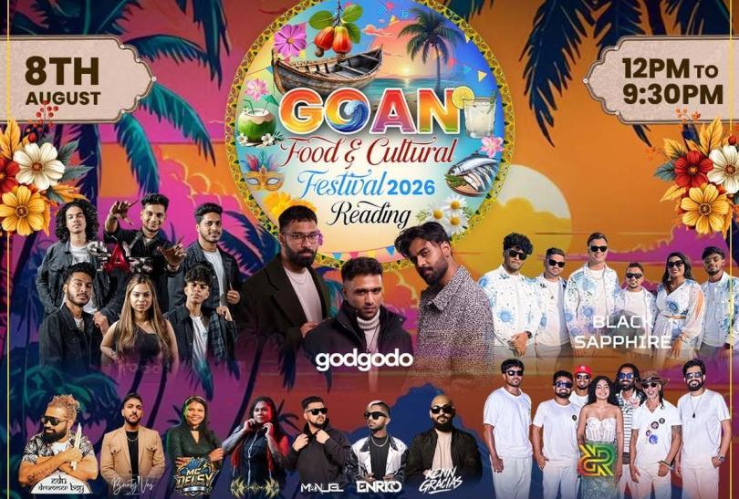 Poster for Goan Food & Cultural Festival 2026 with the event logo and photos of lots of the acts performing