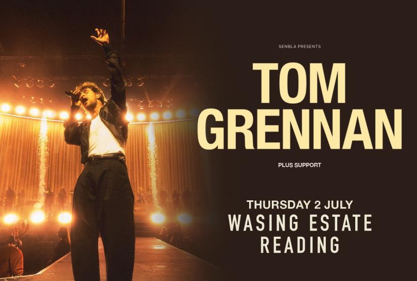 Event poster with an image of singer Tom Grennan on stage with his fist in the air