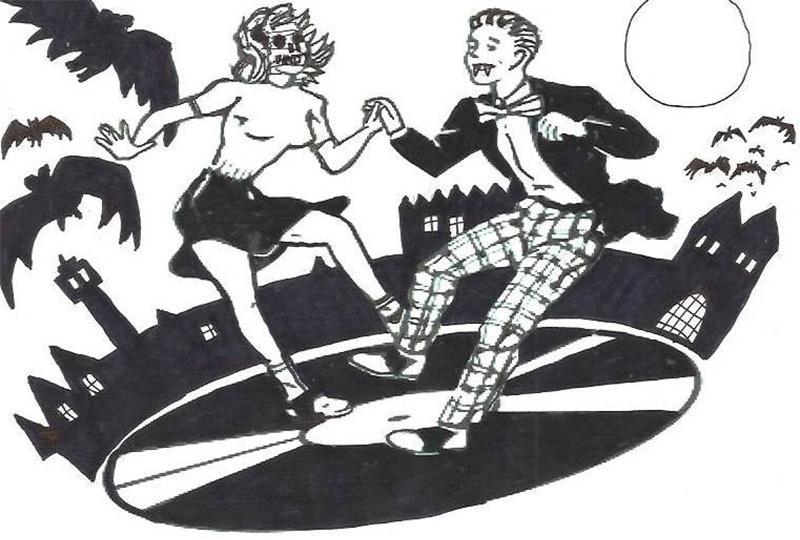 Cartoon drawing of two dancers in fancy dress dancing on a record