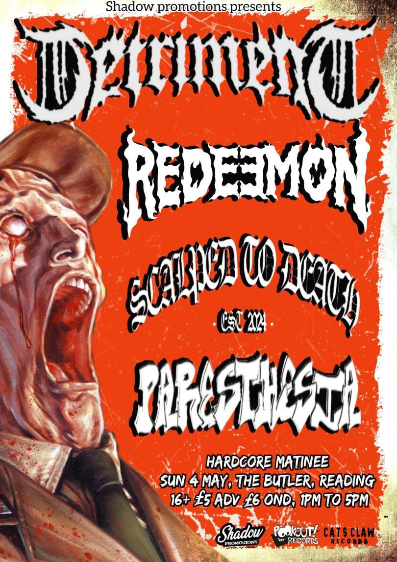 A graphic image of a face melting against an orange background, with list of band names