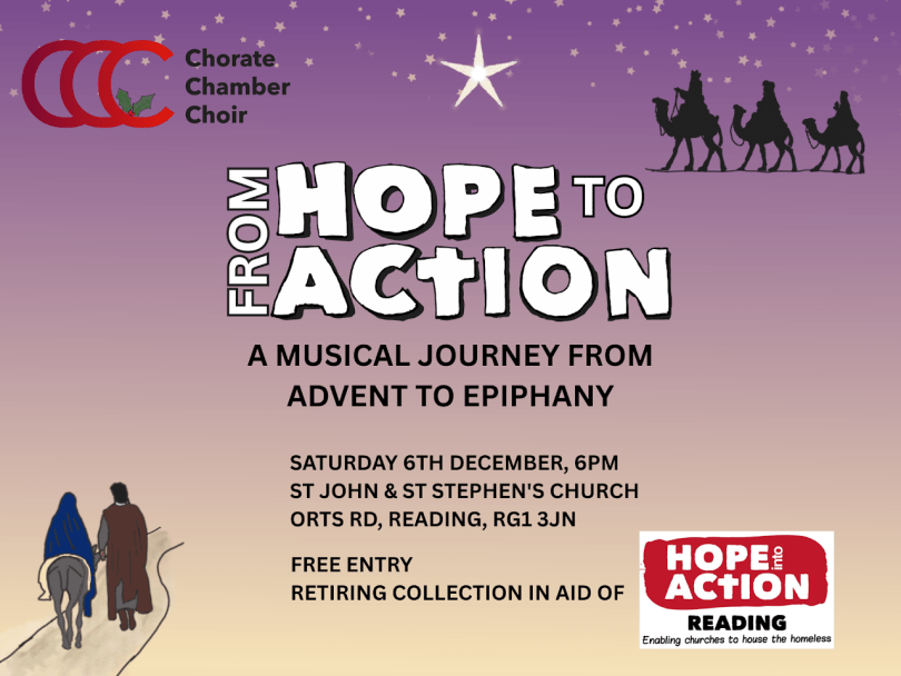poster for "From Hope To Action" concert with details of the event and artwork of Mary & Joseph, and the three wise men