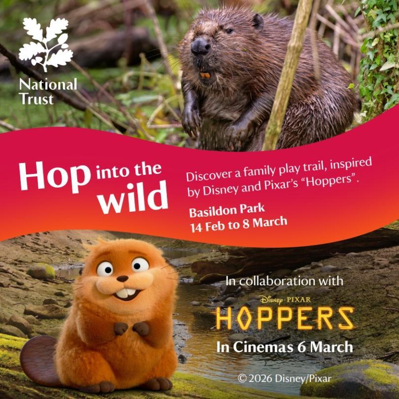 Banner featuring an image of a beaver, and an image of a beaver character from the animated film Hoppers