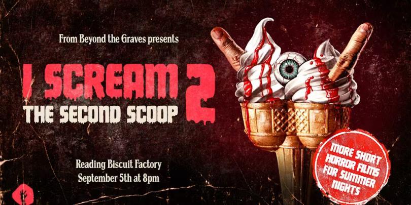 Poster designed to look like an old horror paperback book with artwork of a double-scoop ice cream with eyes and fingers sticking out in place of a flake, and blood instead of sauce
