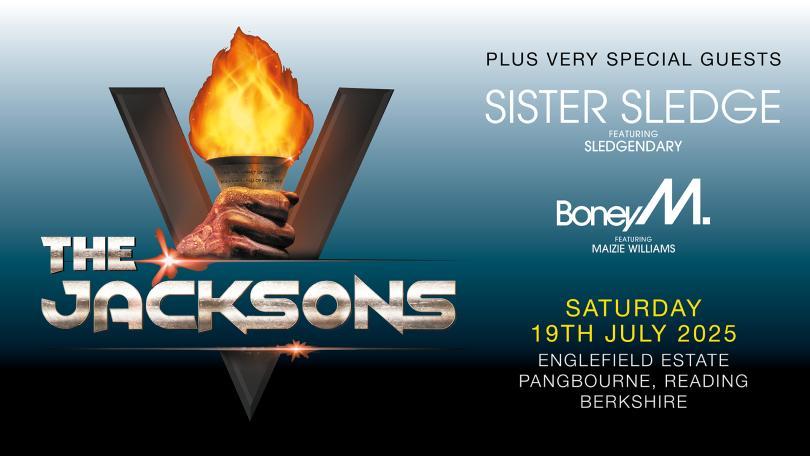 Poster for The Jacksons featuring a logo of a flame in a V
