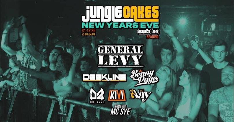 poster for Jungle Cakes Reading NYE with logos of the artists performing over a picture of the crowd at Sub89