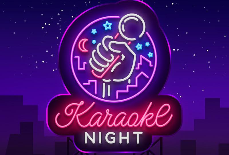 artists rendition of a neon light shaped like a microphone saying "karaoke night"